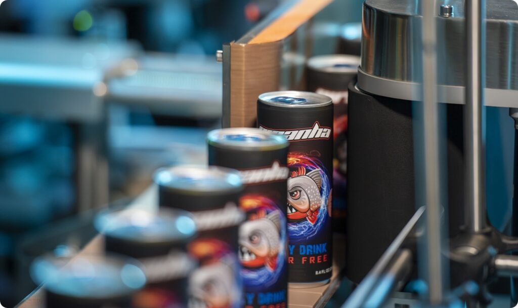 Drink cans feeding through label applicator system